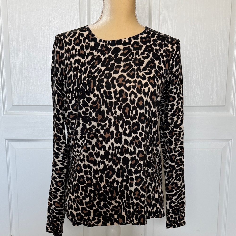 Crew Leopard Print Long Sleeve Cotton Sweater